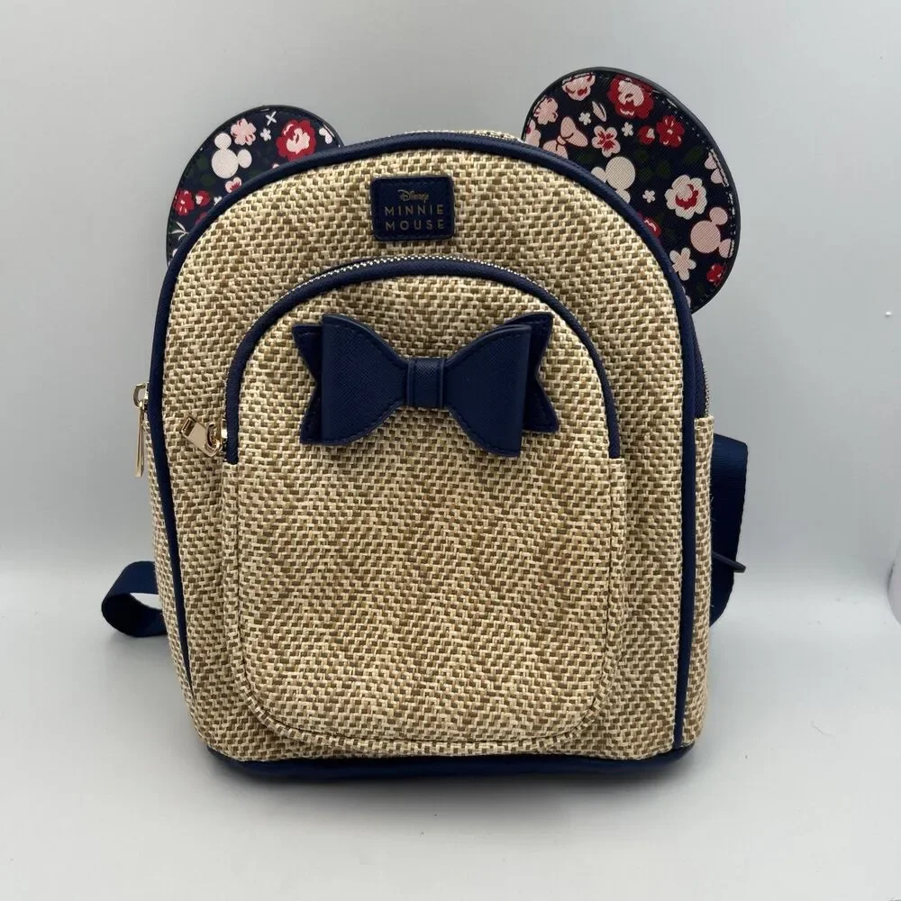 Disney Minnie Mouse Straw Backpack Floral Ears Bow Navy Blue Loungefly Style
